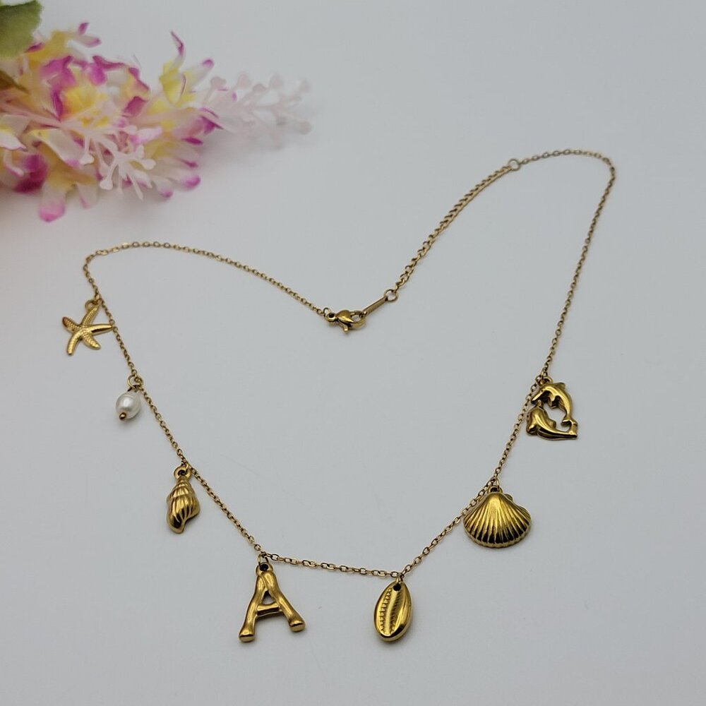 Gold Tone Stainless Steel Initial A Charm Necklace 18.5" White Pearl Seashell